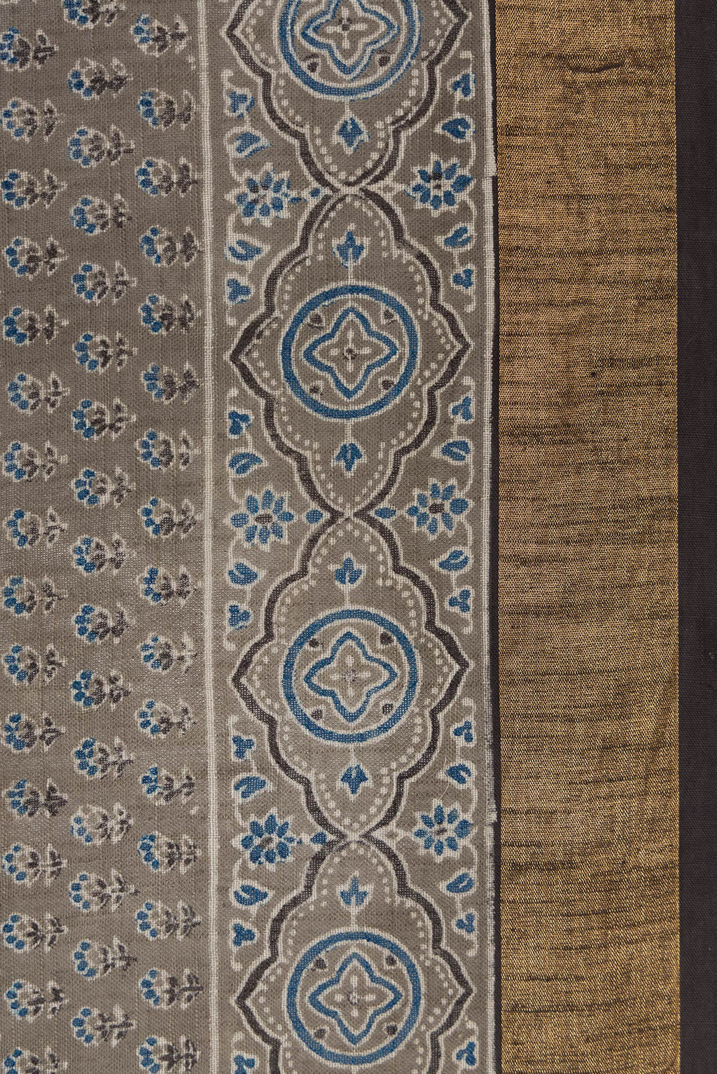 Border image of Grey Dual Tone Cotton Saree with Ajrakh Print on the body and Zari Border. 
