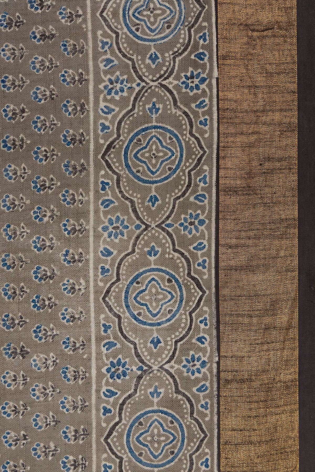 Border image of Grey Dual Tone Cotton Saree with Ajrakh Print on the body and Zari Border. 