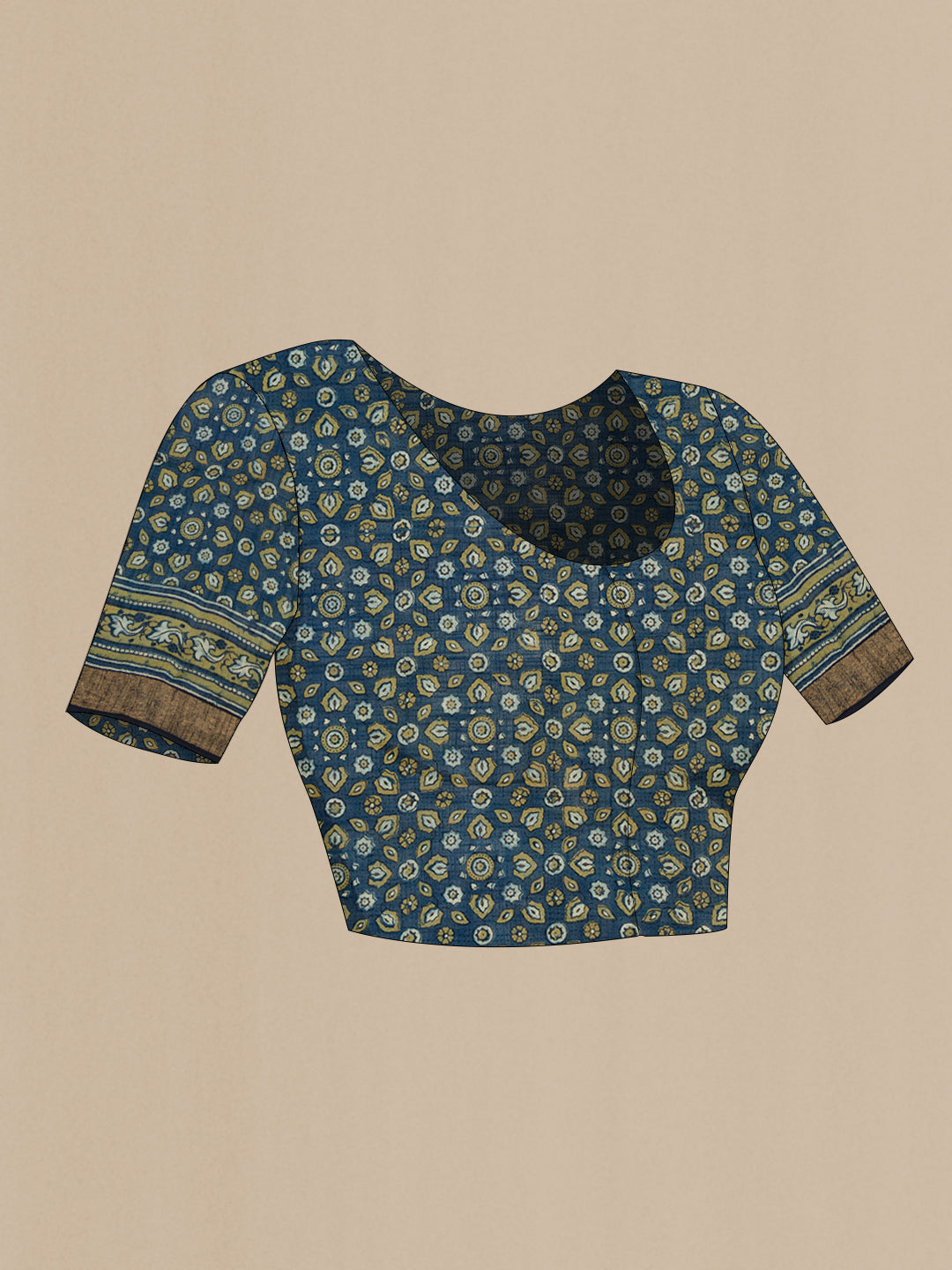 Close up image of the blouse of Navy Blue Dual Tone Cotton Saree with Ajrakh Print on the body and Zari Border. 