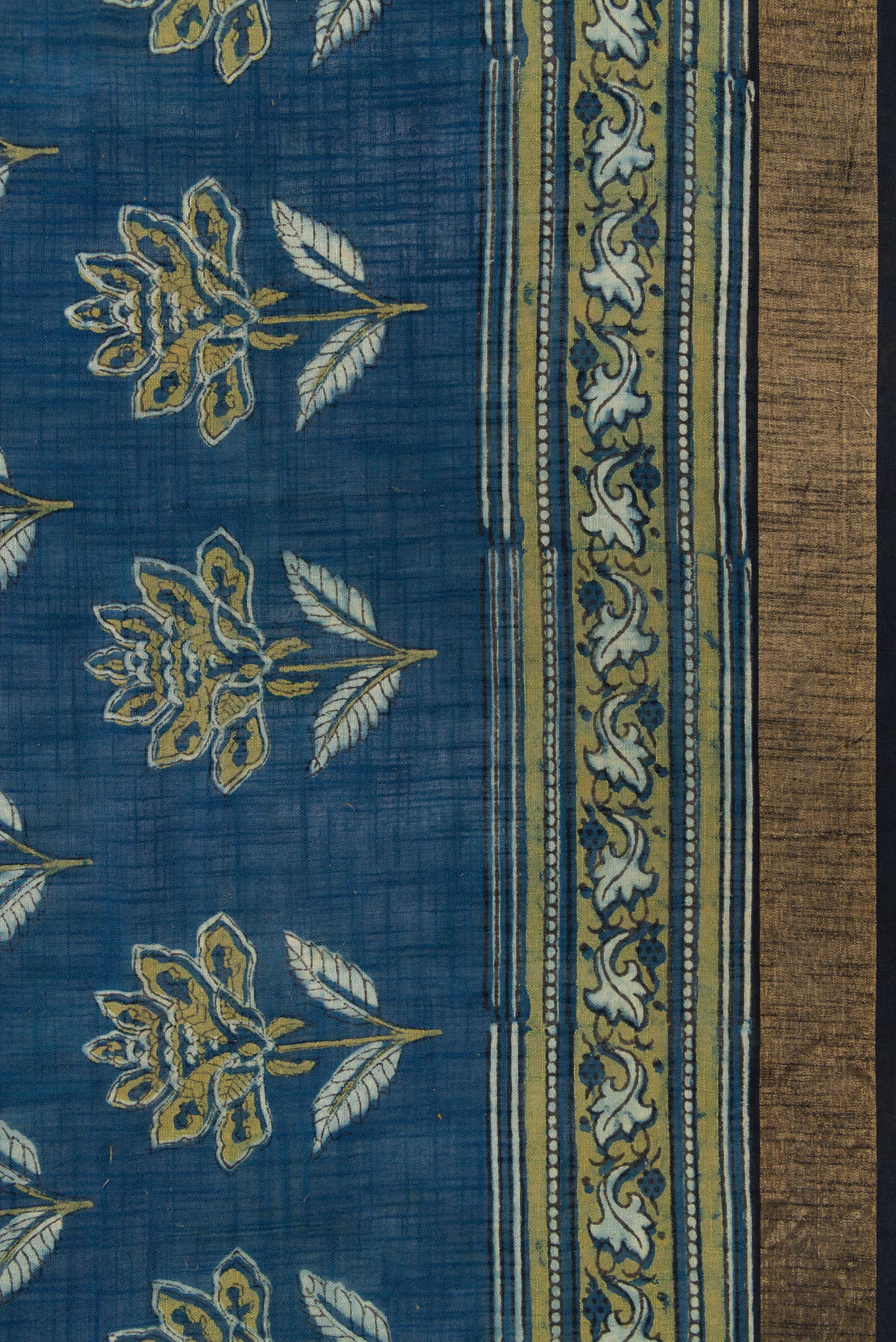 Border image of Navy Blue Dual Tone Cotton Saree with Ajrakh Print on the body and Zari Border. 
