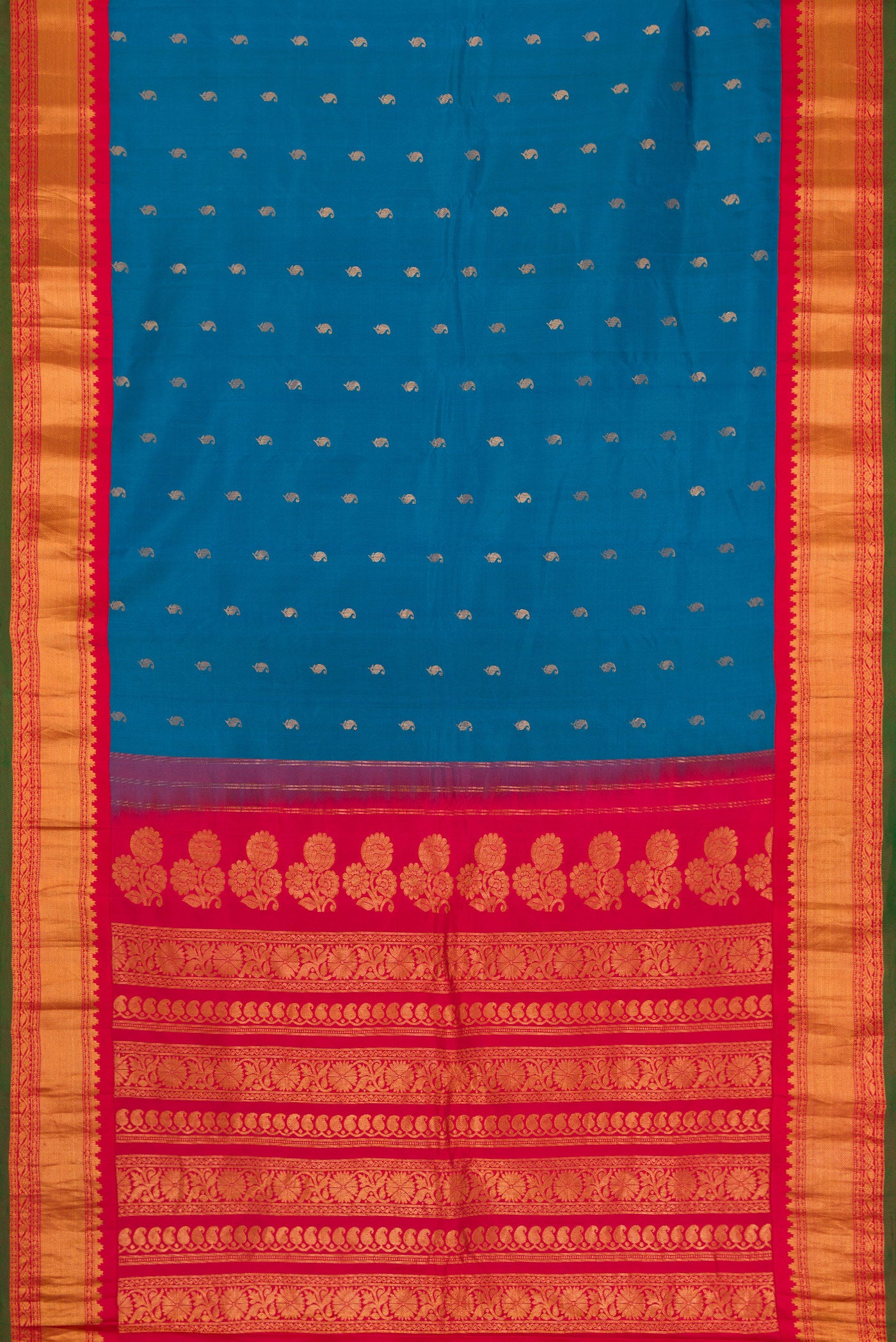 Flat view of Peacock Blue Dual Tone Gadwal Silk Saree with Zari Butta on the body and Zari Border. 