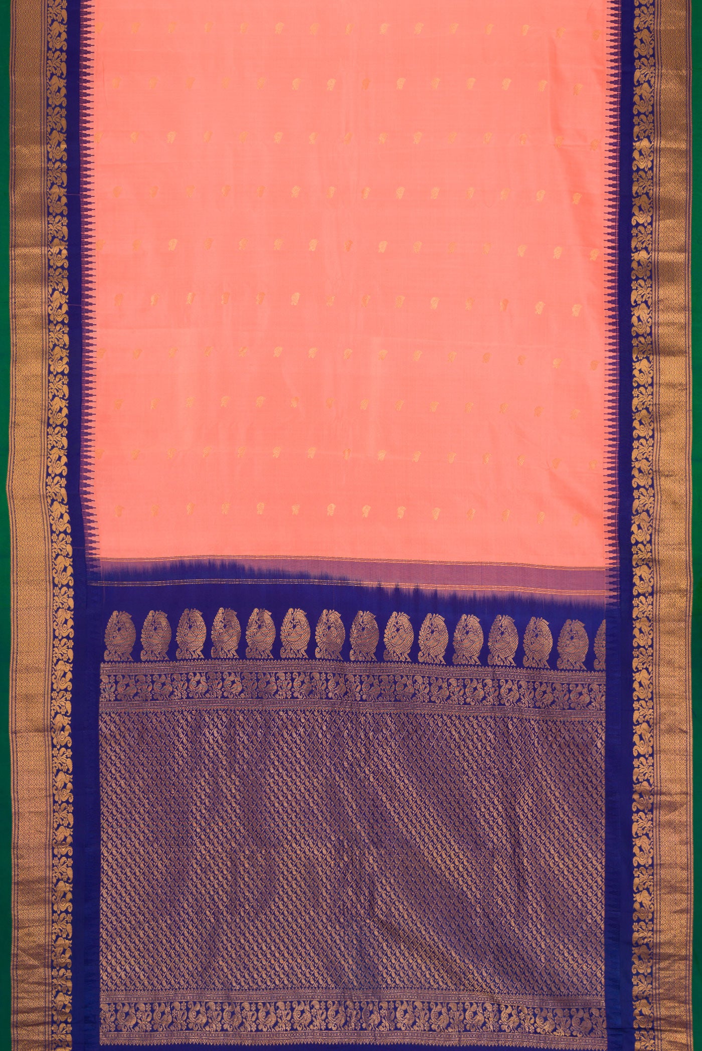 Flat view of Peach Dual Tone Gadwal Silk Saree with Zari Butta on the body and Zari Border. 