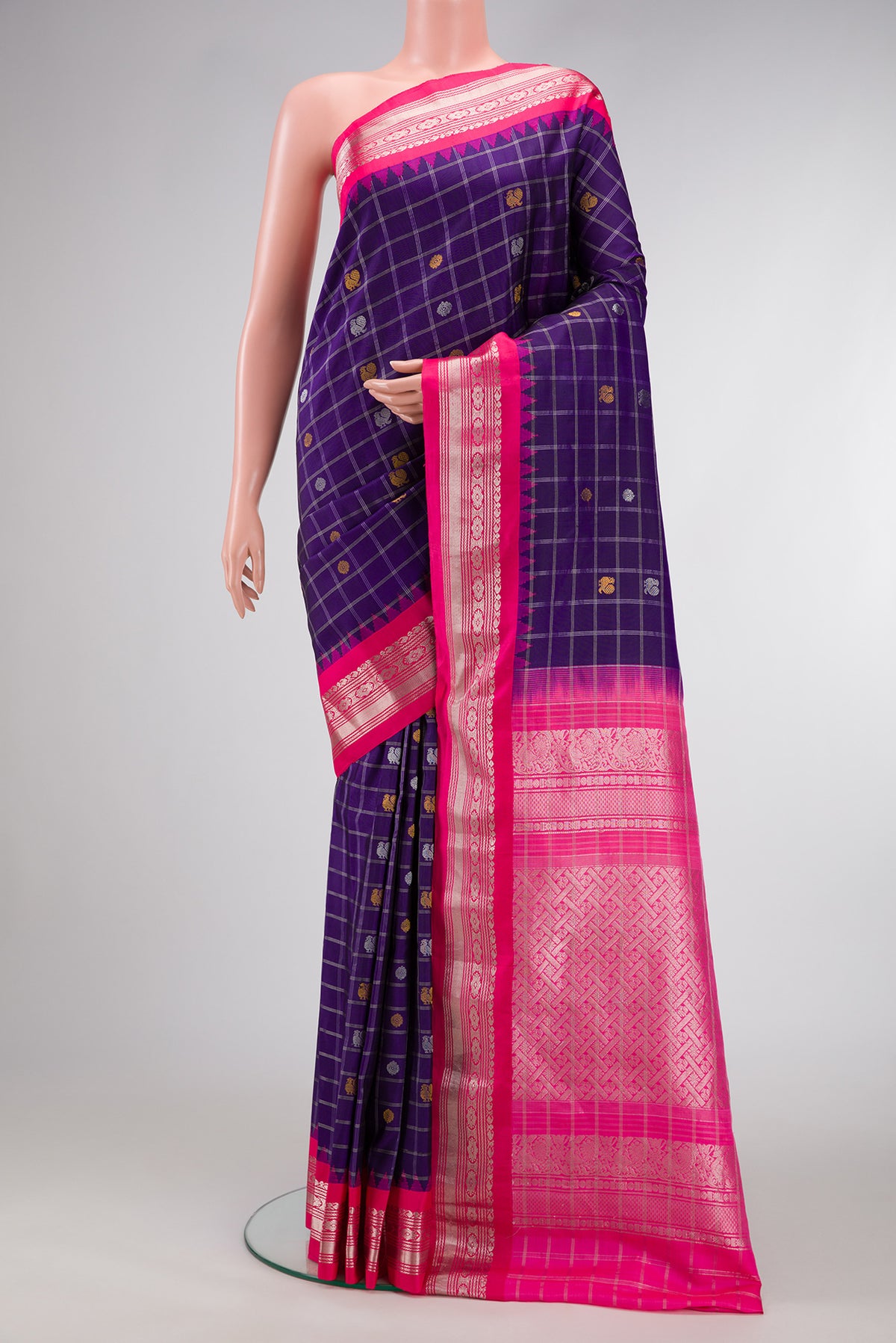 Royal Blue Dual Tone Gadwal Silk Saree with Checked design on the body and Zari Border.  displayed on a mannequin