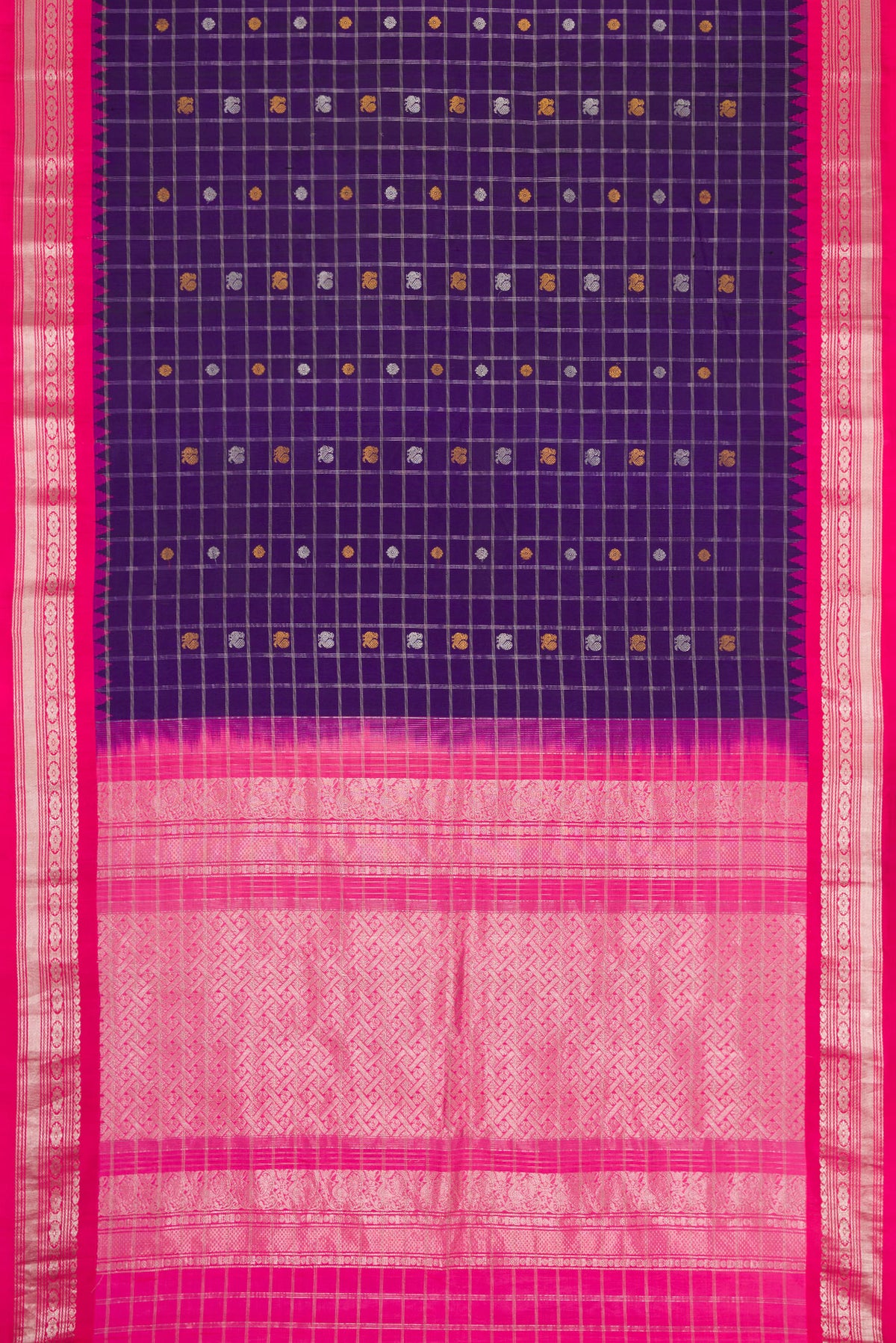 Flat view of Royal Blue Dual Tone Gadwal Silk Saree with Checked design on the body and Zari Border. 