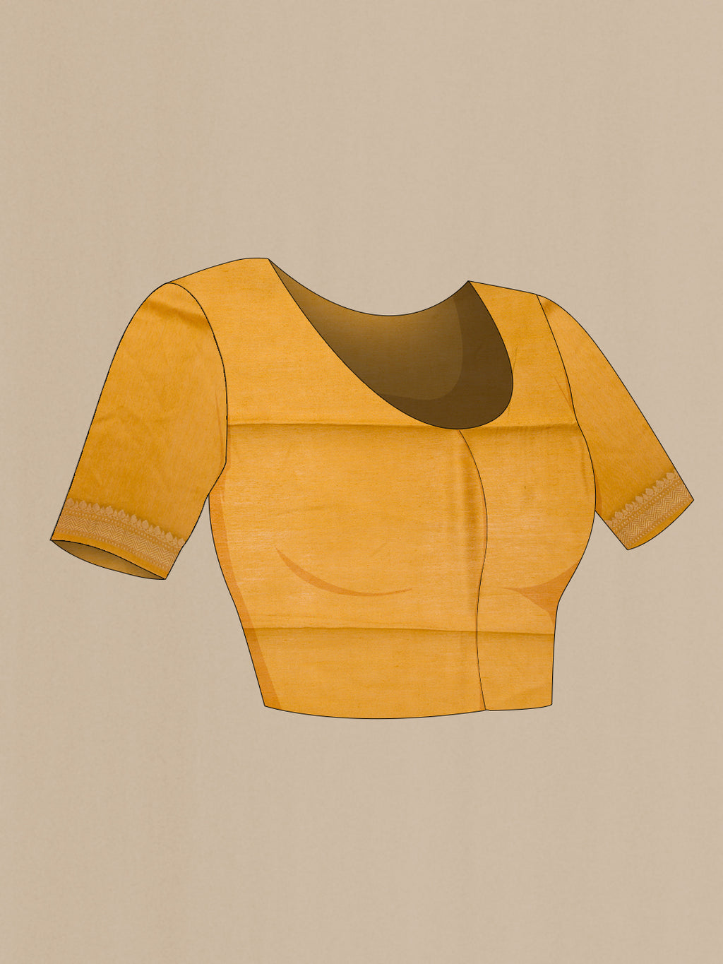 Close up image of the blouse of Mustard Dual Tone Tussar Silk Saree with Stripes on the body and Zari Border. 