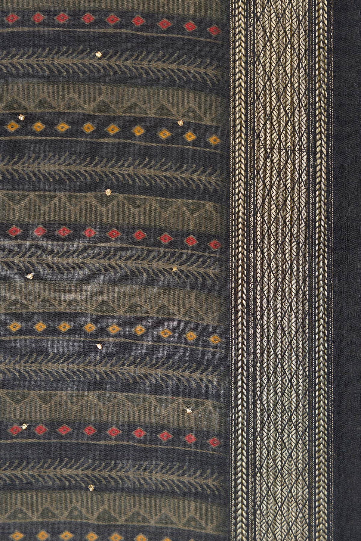 Border image of Navy Blue Dual Tone Tussar Silk Saree with Printed design on the body and Thread Border. 
