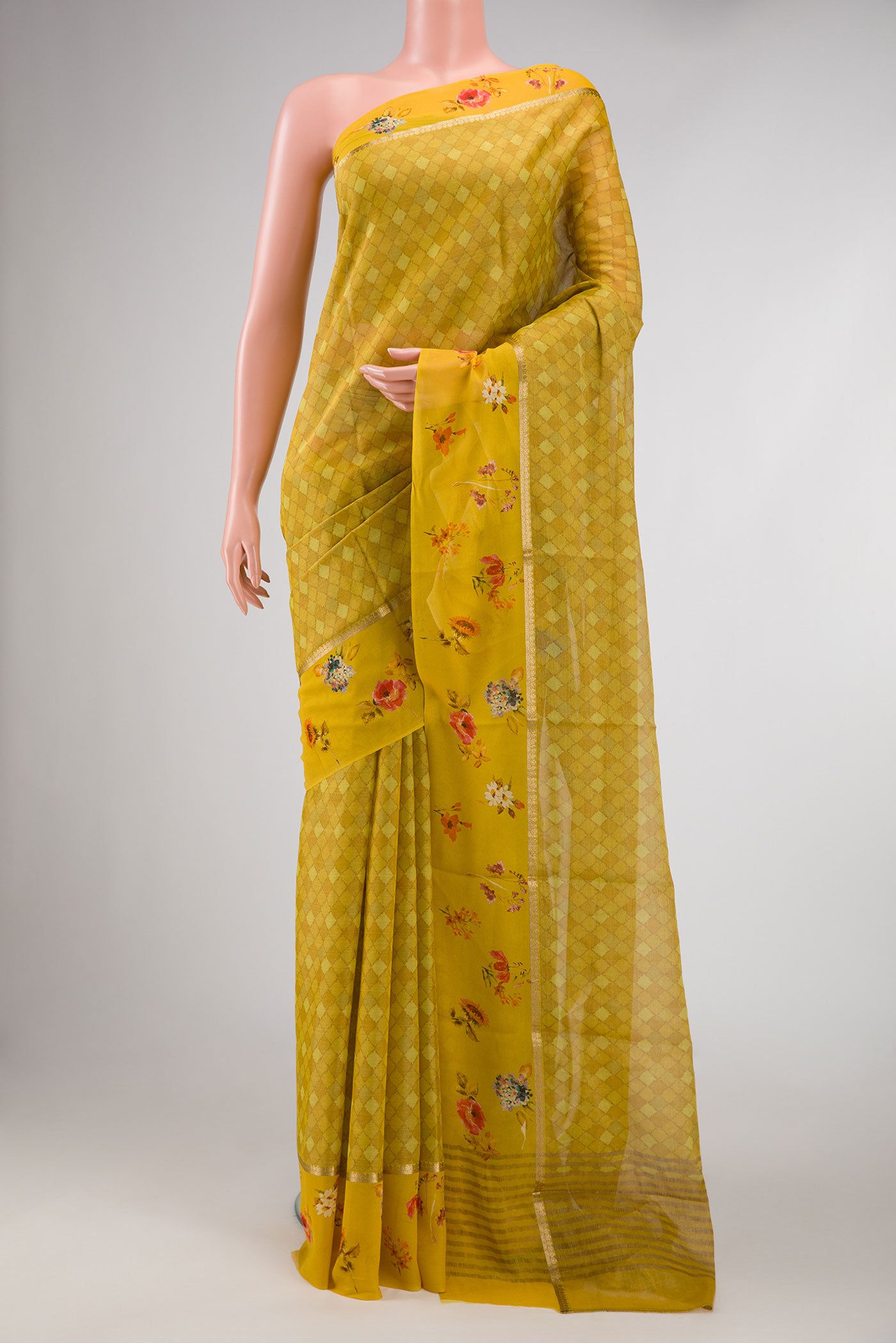 Mehandi Green Dual Tone Mysore Georgette Saree with Printed design on the body and Fancy Border displayed on a mannequin