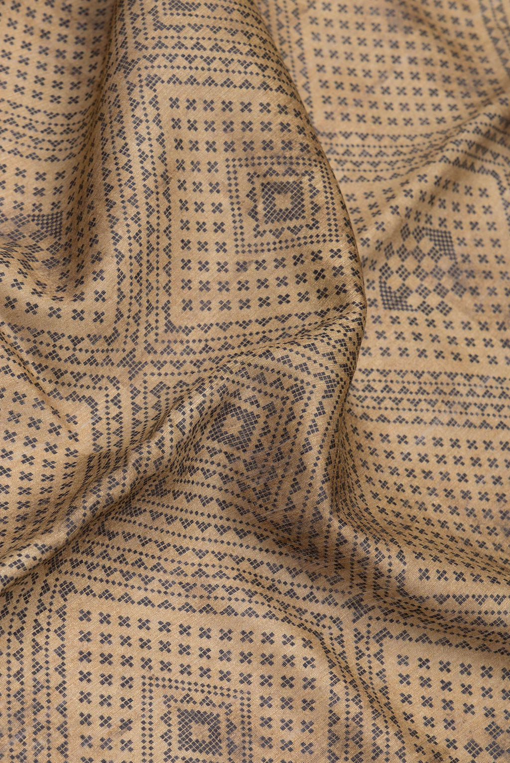 Close up of Beige Tussar Silk Saree with Printed design on the body and Embroidery Border.  displaying folds