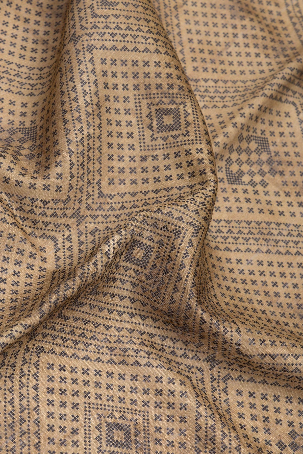 Close up of Beige Tussar Silk Saree with Printed design on the body and Embroidery Border.  displaying folds