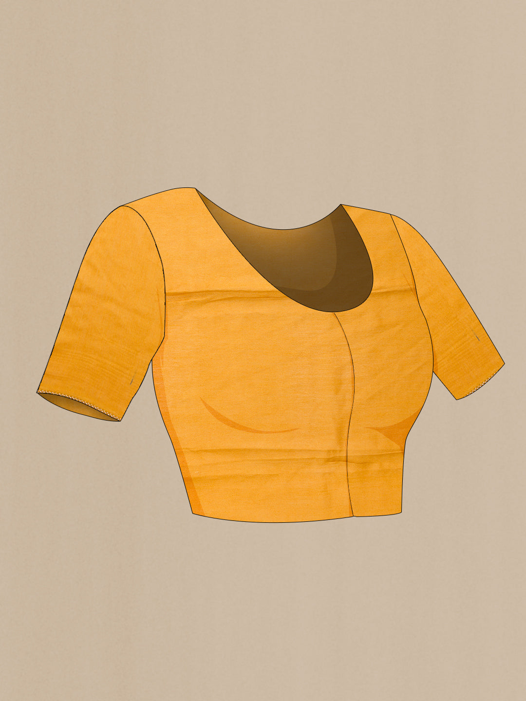 Close up image of the blouse of Mustard Dual Tone Tussar Silk Saree with Printed design on the body and Zari Border. 