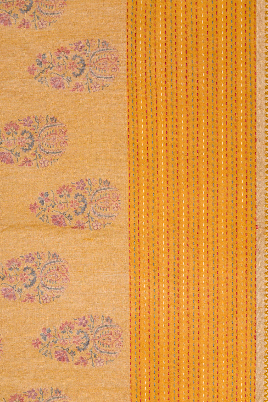 Border image of Mustard Dual Tone Tussar Silk Saree with Printed design on the body and Zari Border. 