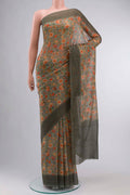 Green Mysore Chiffon Saree Printed design on the body and Plain Border displayed on a mannequin
