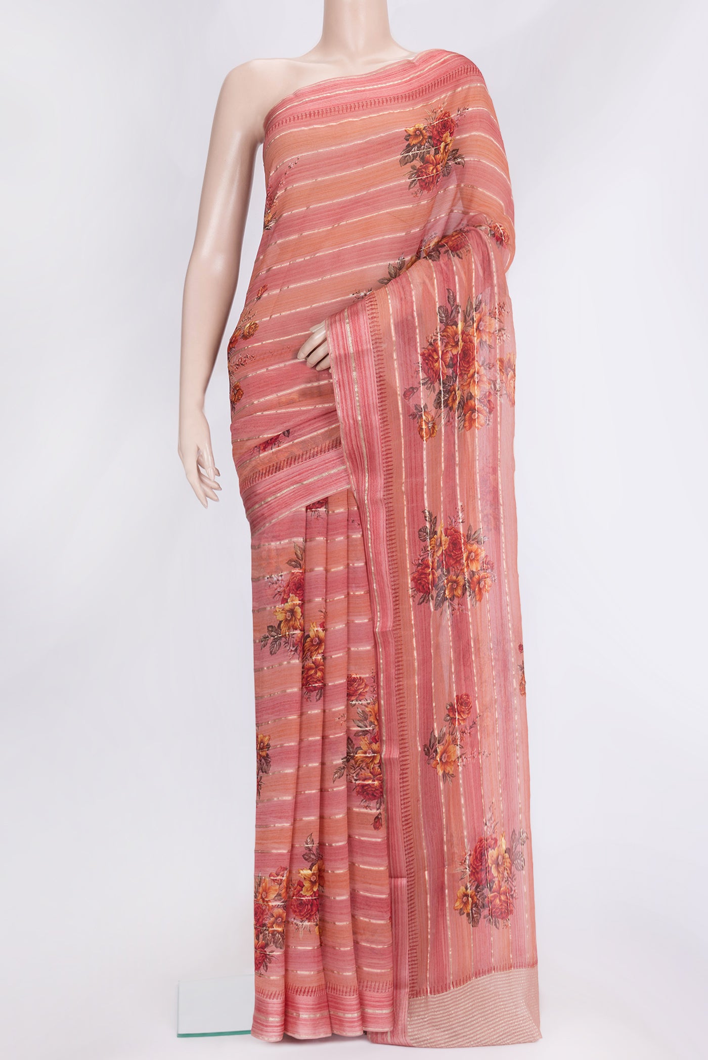 Golden Peach Dual Tone Mysore Georgette Saree with Stripes on the body and Zari Border.  displayed on a mannequin