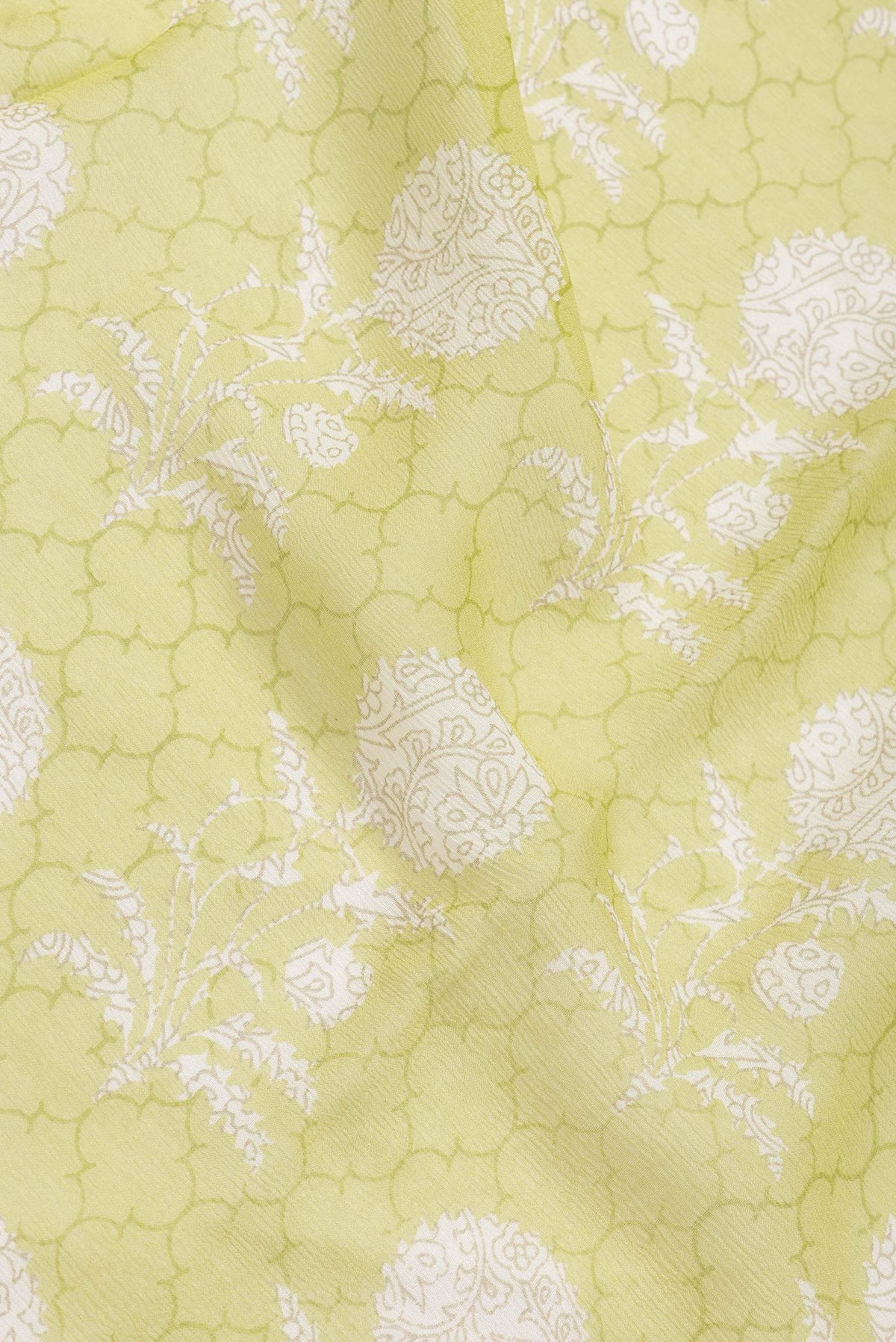 Close up of Parrot Green Dual Tone Mysore Chiffon Saree with Printed design on the body and Zari Border.  displaying folds