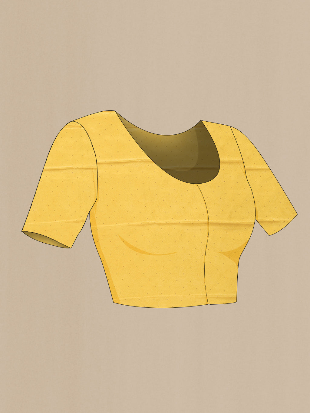 Close up image of the blouse of Yellow Dual Tone Mysore Chiffon Saree with Printed design on the body and Zari Border. 