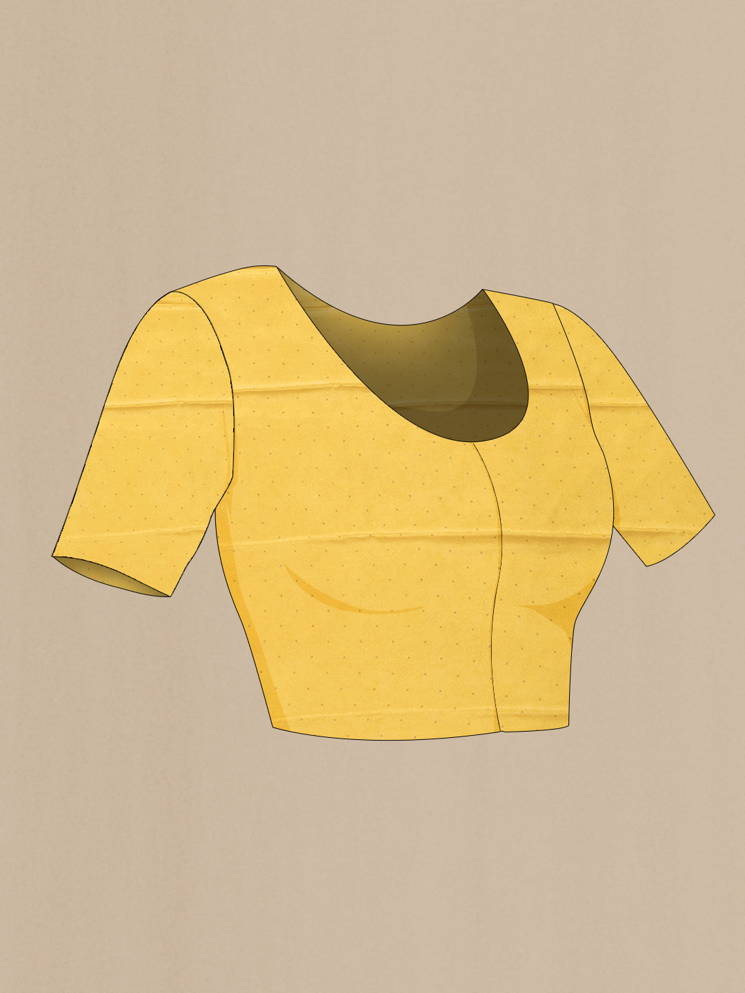 Close up image of the blouse of Yellow Dual Tone Mysore Chiffon Saree with Printed design on the body and Zari Border. 
