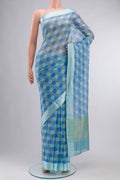 Blue Mysore Chiffon Saree Printed design on the body and Plain Border displayed on a mannequin