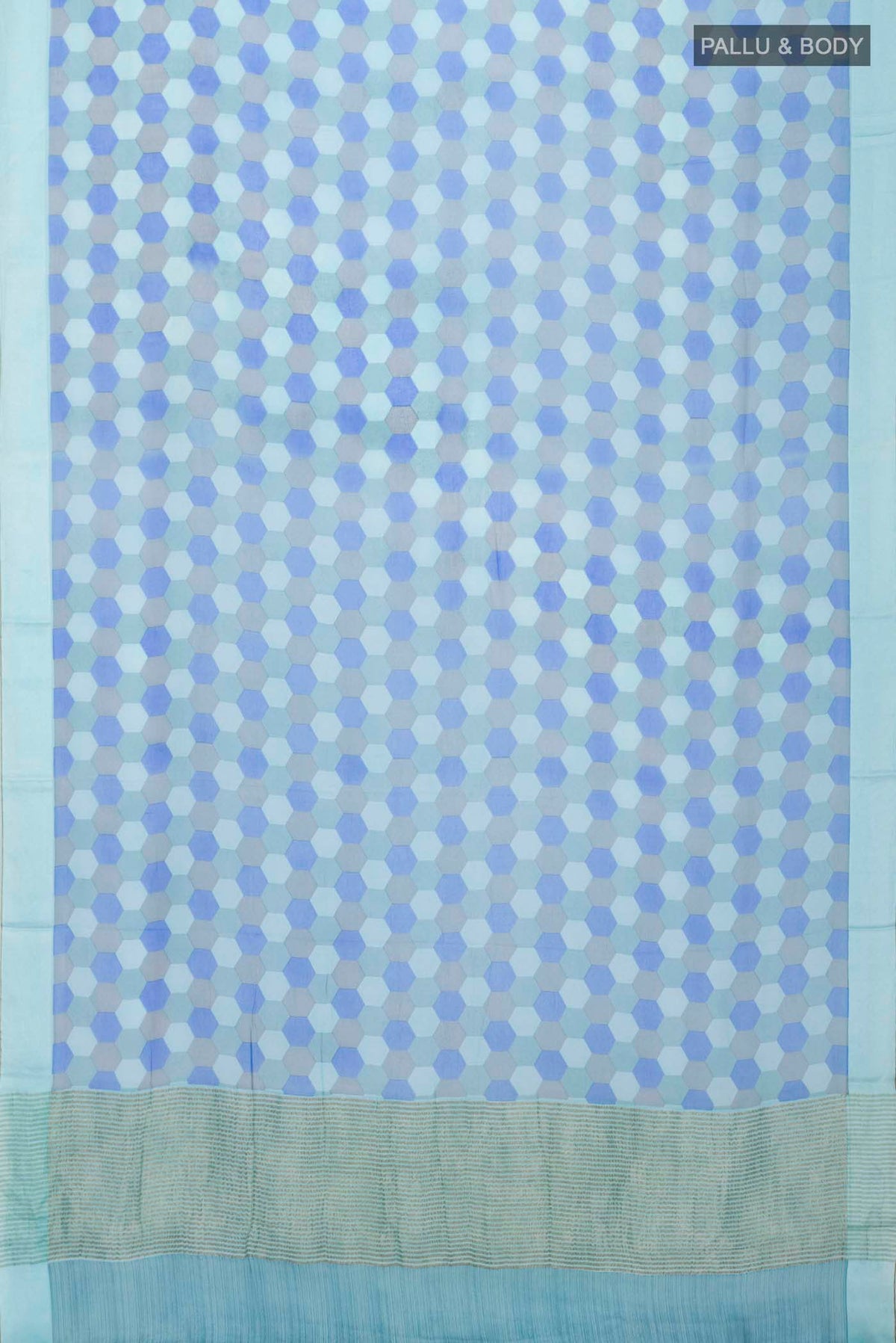 Flat view of Blue Mysore Chiffon Saree Printed design on the body and Plain Border