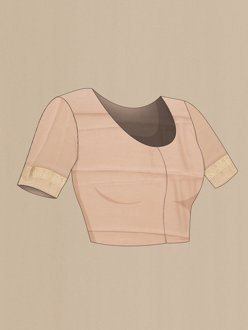 Close up image of the blouse of Dark Beige Dual Tone Mysore Crepe Saree with Printed design on the body and Zari Border. 