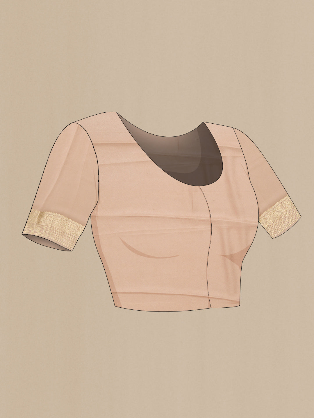 Close up image of the blouse of Dark Beige Dual Tone Mysore Crepe Saree with Printed design on the body and Zari Border. 