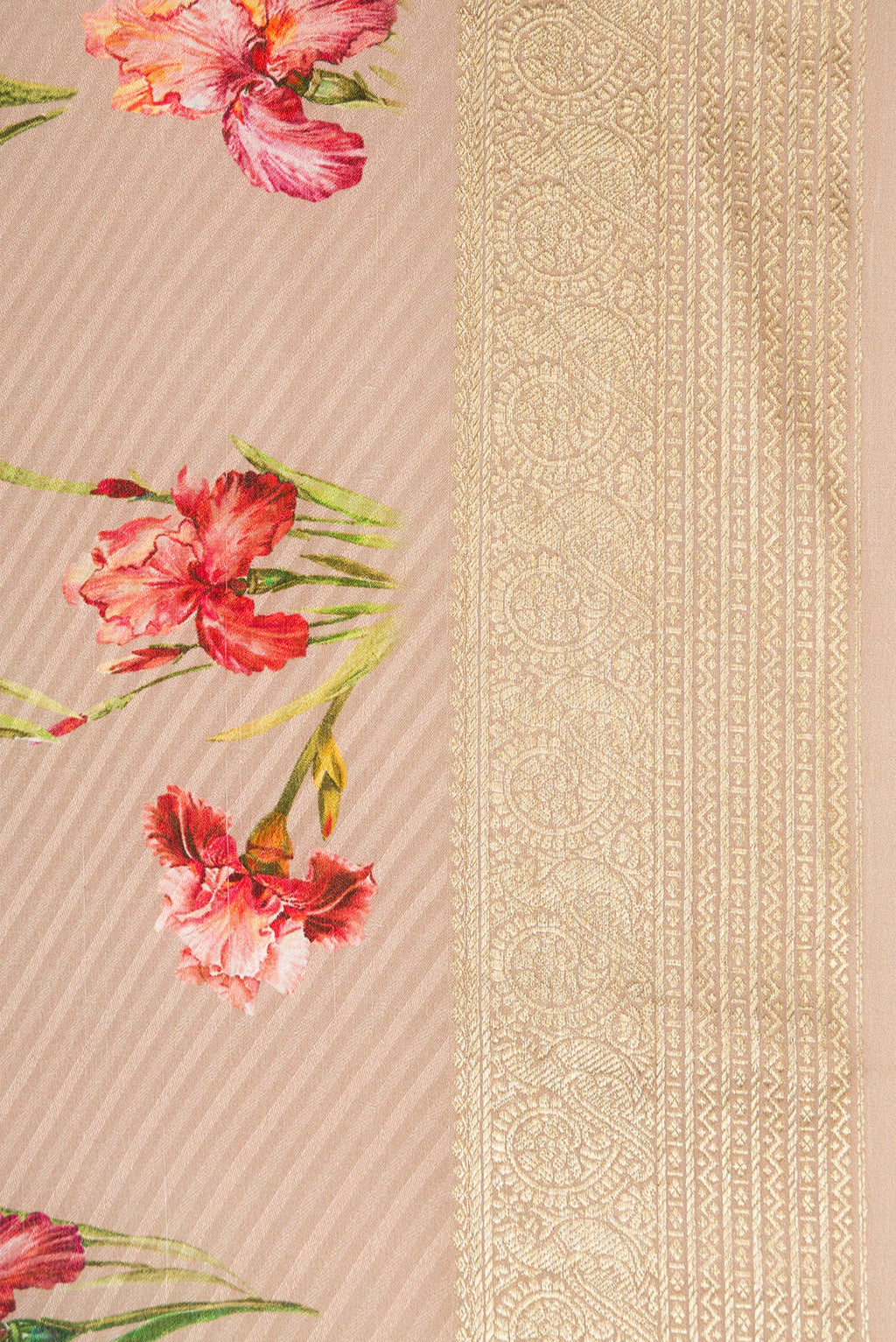 Border image of Dark Beige Dual Tone Mysore Crepe Saree with Printed design on the body and Zari Border. 