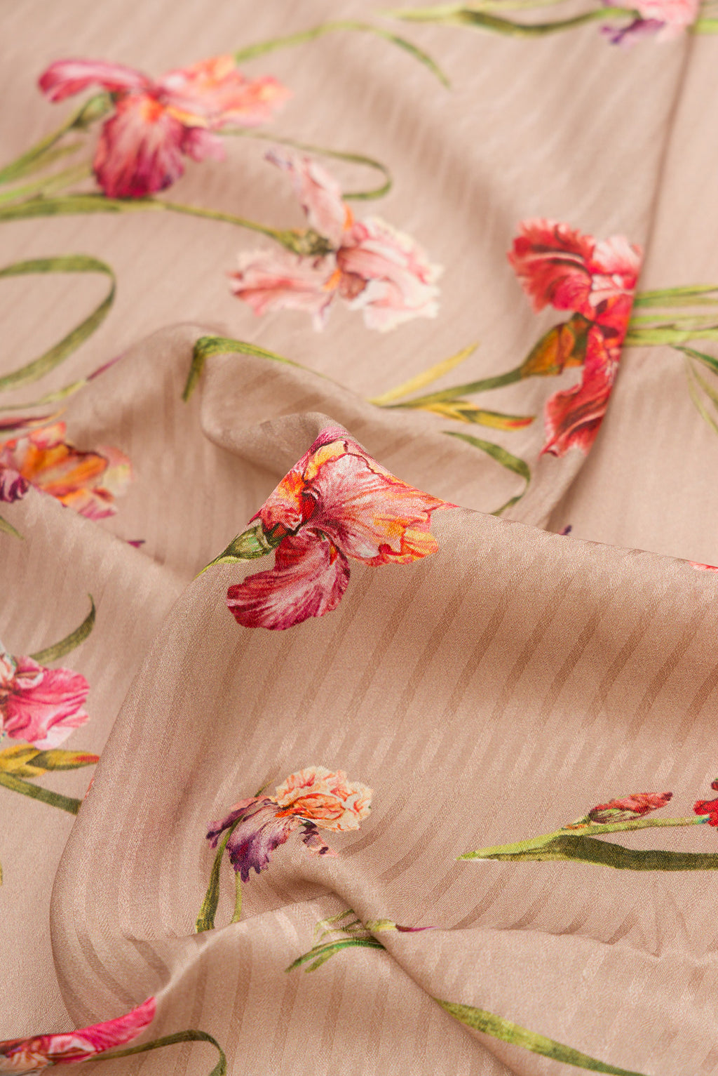 Close up of Dark Beige Dual Tone Mysore Crepe Saree with Printed design on the body and Zari Border.  displaying folds