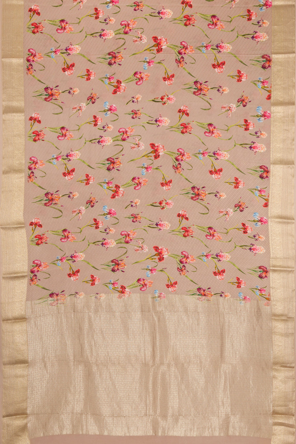 Flat view of Dark Beige Dual Tone Mysore Crepe Saree with Printed design on the body and Zari Border. 