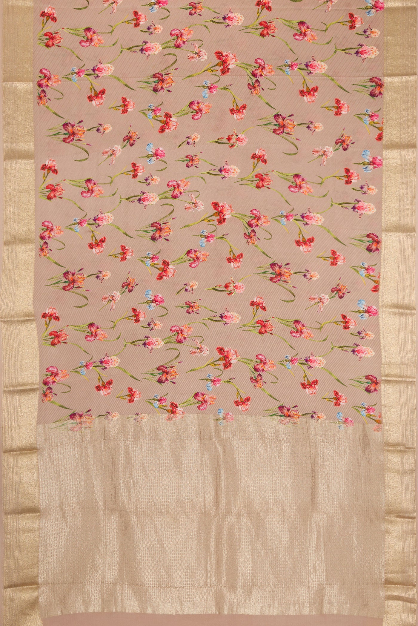Flat view of Dark Beige Dual Tone Mysore Crepe Saree with Printed design on the body and Zari Border. 