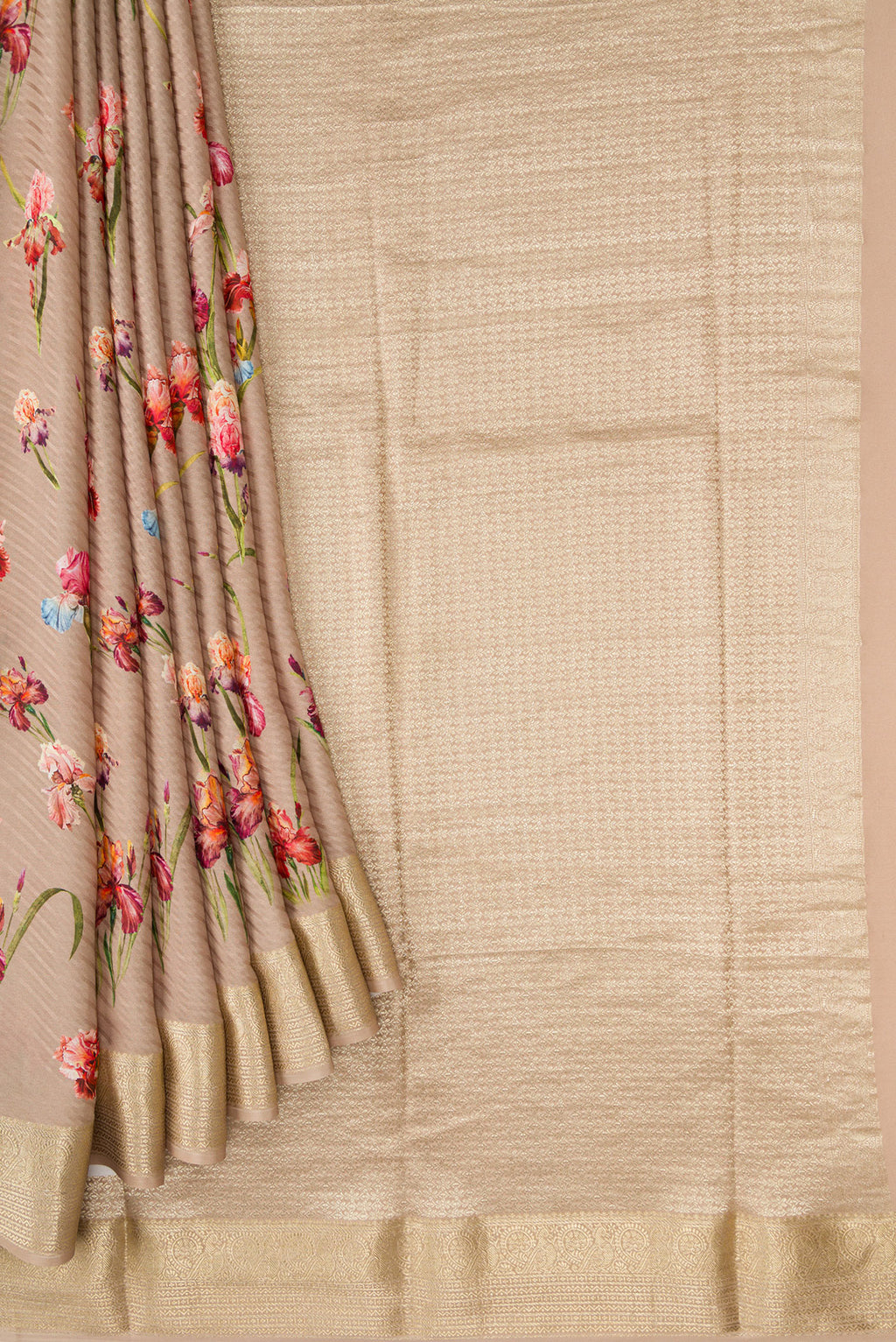 Pleats and pallu of Dark Beige Dual Tone Mysore Crepe Saree with Printed design on the body and Zari Border. 