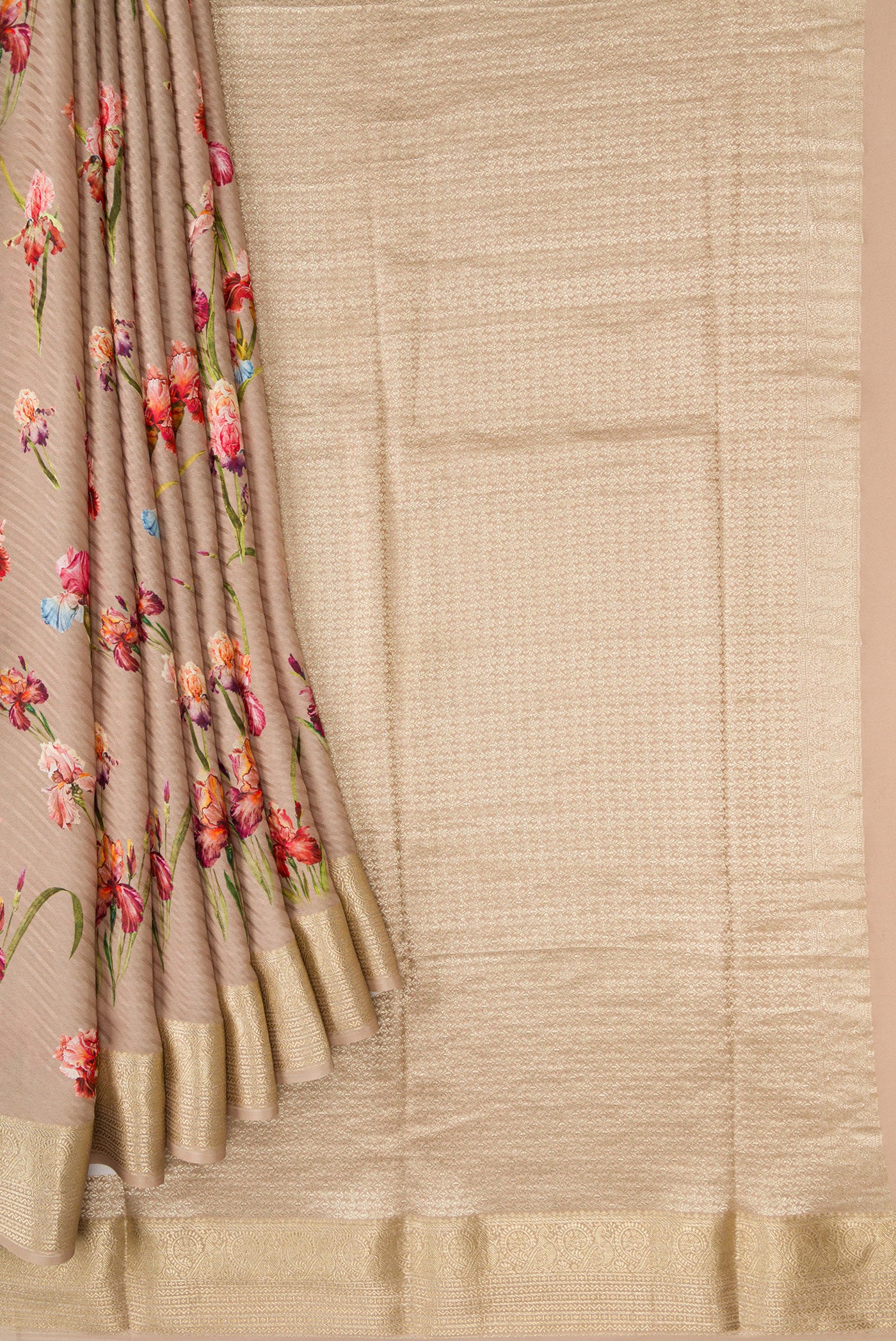 Pleats and pallu of Dark Beige Dual Tone Mysore Crepe Saree with Printed design on the body and Zari Border. 