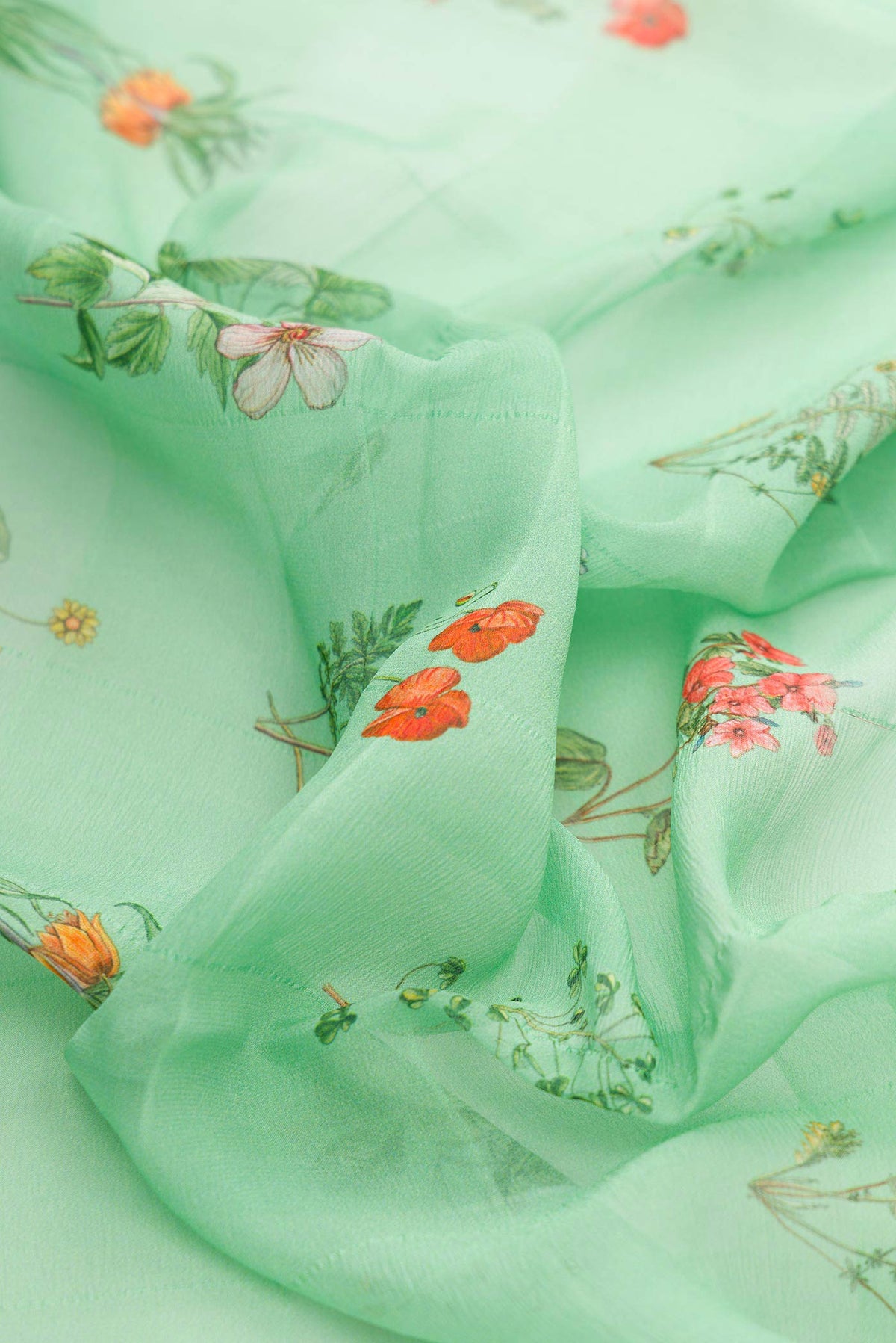 Close up of Green Dual Tone Mysore Georgette Saree with Printed design on the body and Zari Border displaying folds