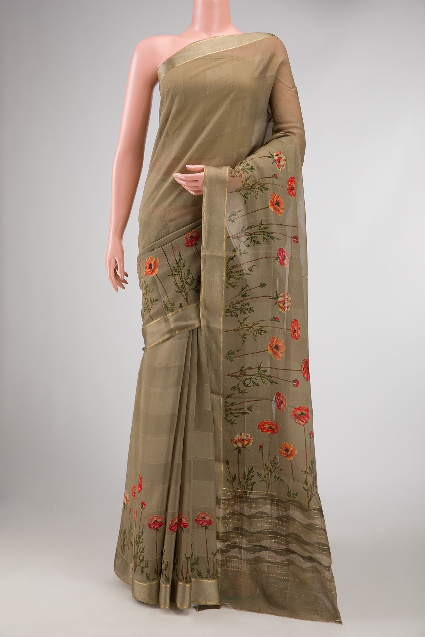 Mehandi Green Dual Tone Mysore Georgette Saree with Printed design on the body and Printed Border displayed on a mannequin