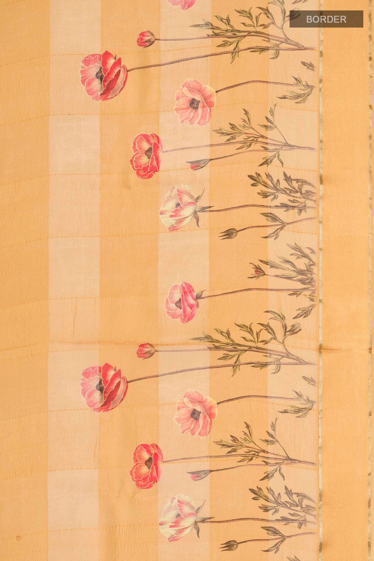 Border image of Yellow Mysore Chiffon Saree Printed design on the body and Zari Border