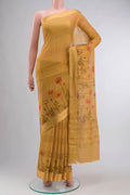 Yellow Mysore Chiffon Saree Printed design on the body and Zari Border displayed on a mannequin