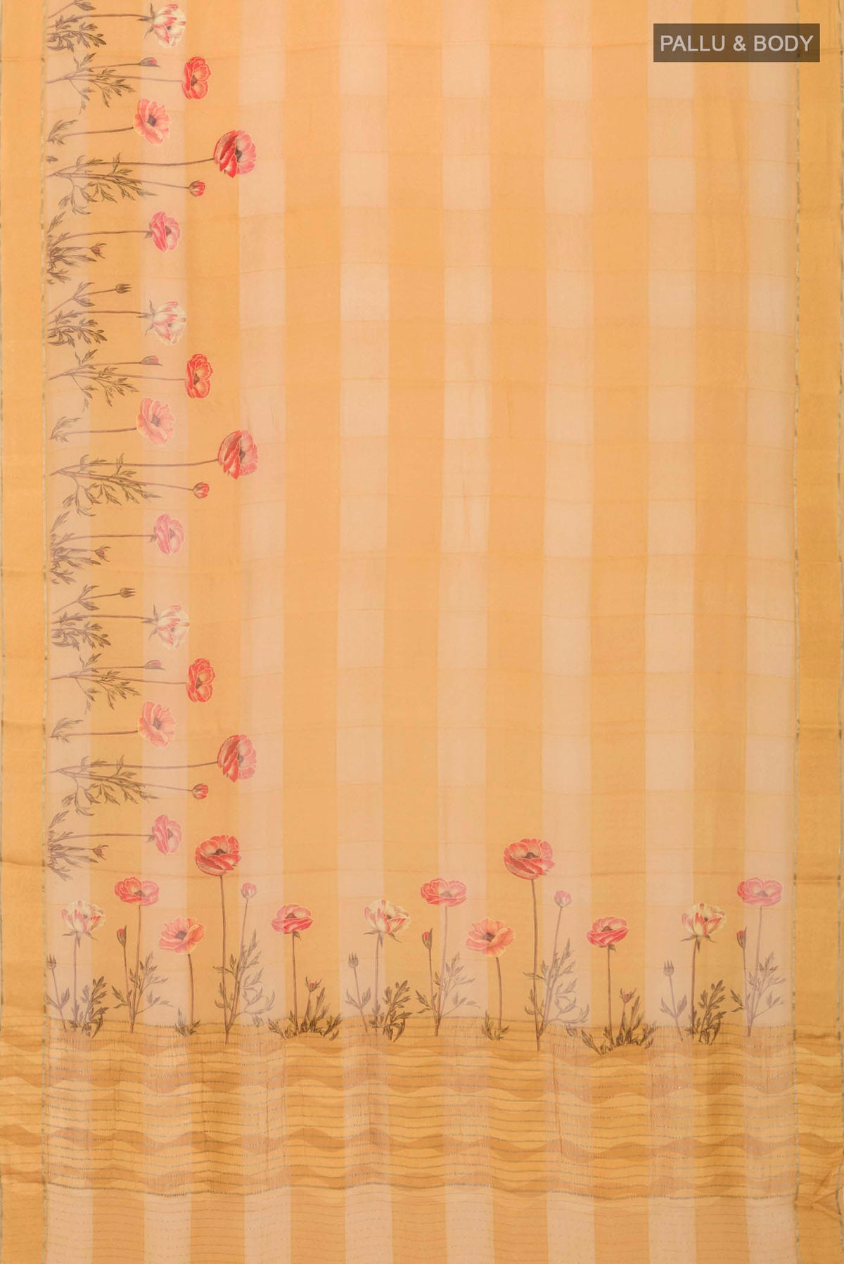 Flat view of Yellow Mysore Chiffon Saree Printed design on the body and Zari Border