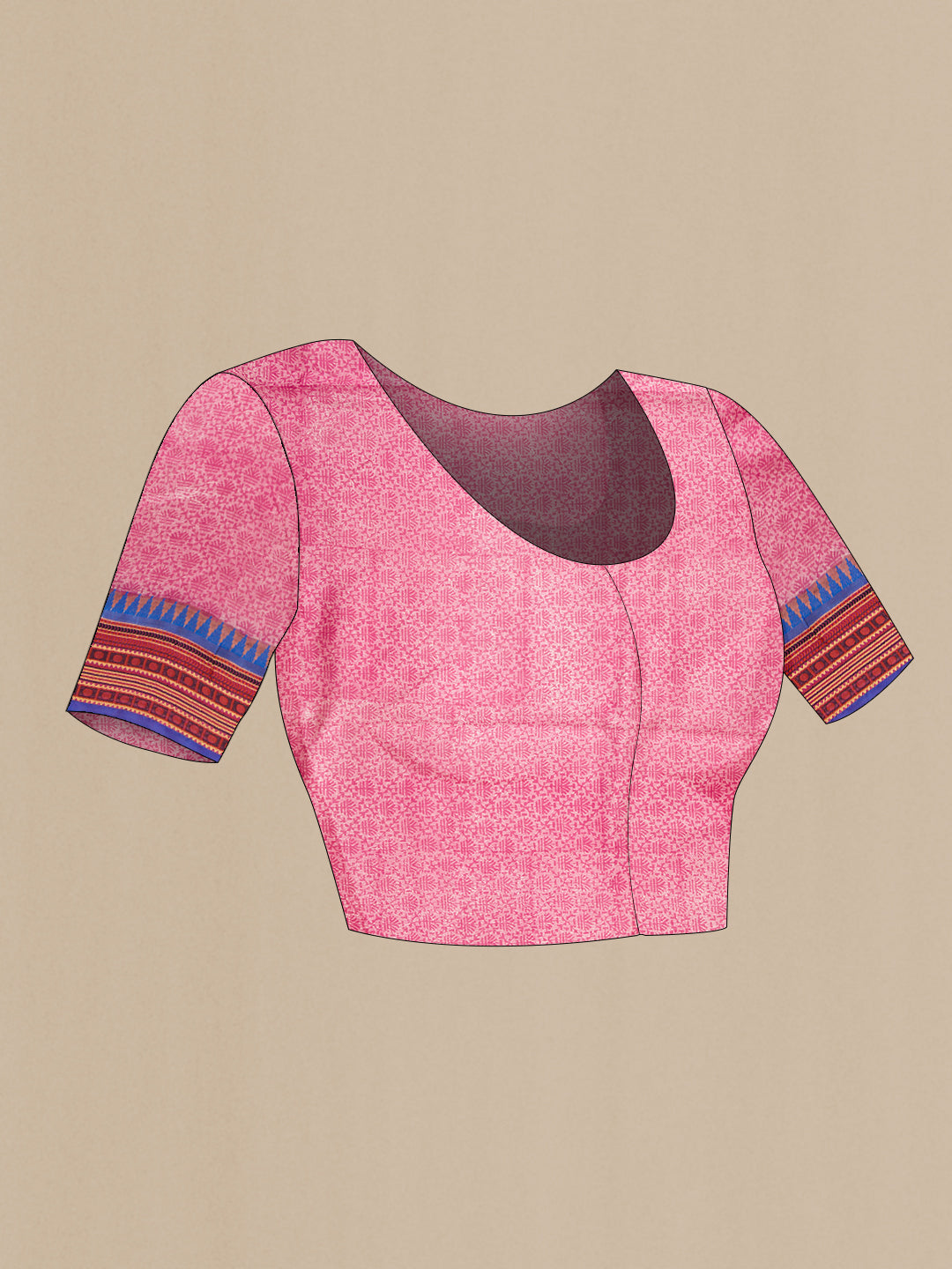 Close up image of the blouse of Dark Pink Dual Tone Kanchipuram Silk Saree with Printed design on the body and Zari And Thread Border. 