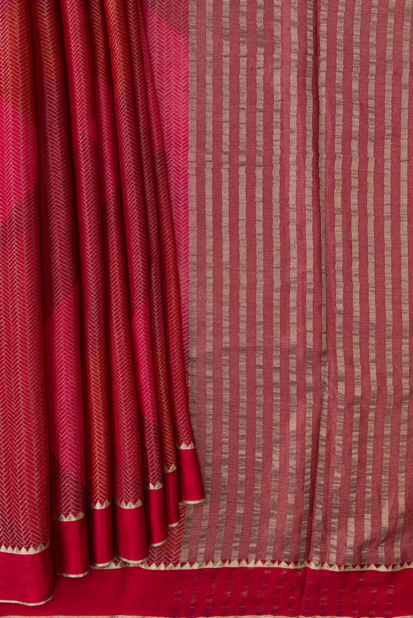 Pleats and pallu of Maroon Dual Tone Mysore Georgette Saree with Zari Brocade on the body and Zari Border