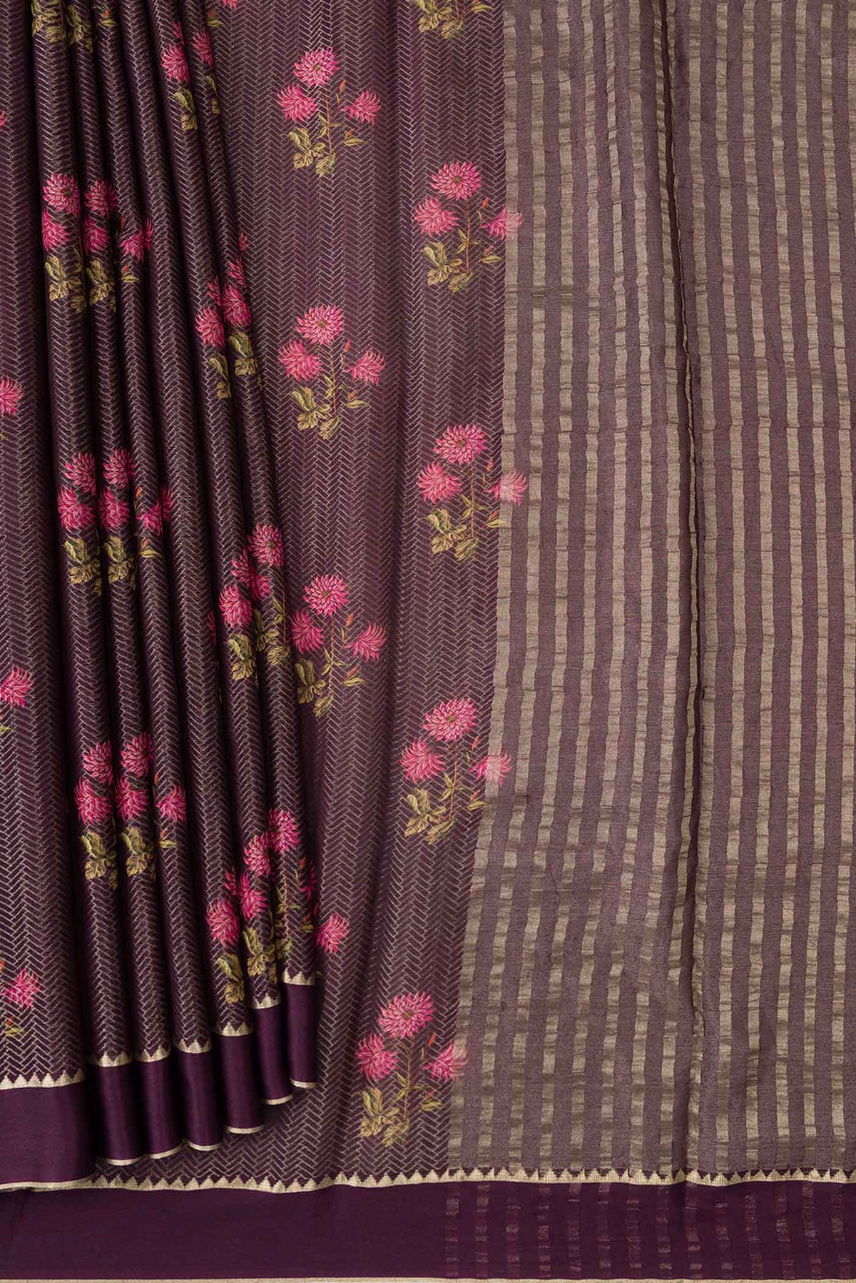 Pleats and pallu of Burgundy Dual Tone Mysore Georgette Saree with Zari Brocade on the body and Zari And Thread Border