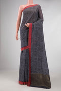 Grey Dual Tone Mysore Crepe Saree with Printed design on the body and Thread Border displayed on a mannequin