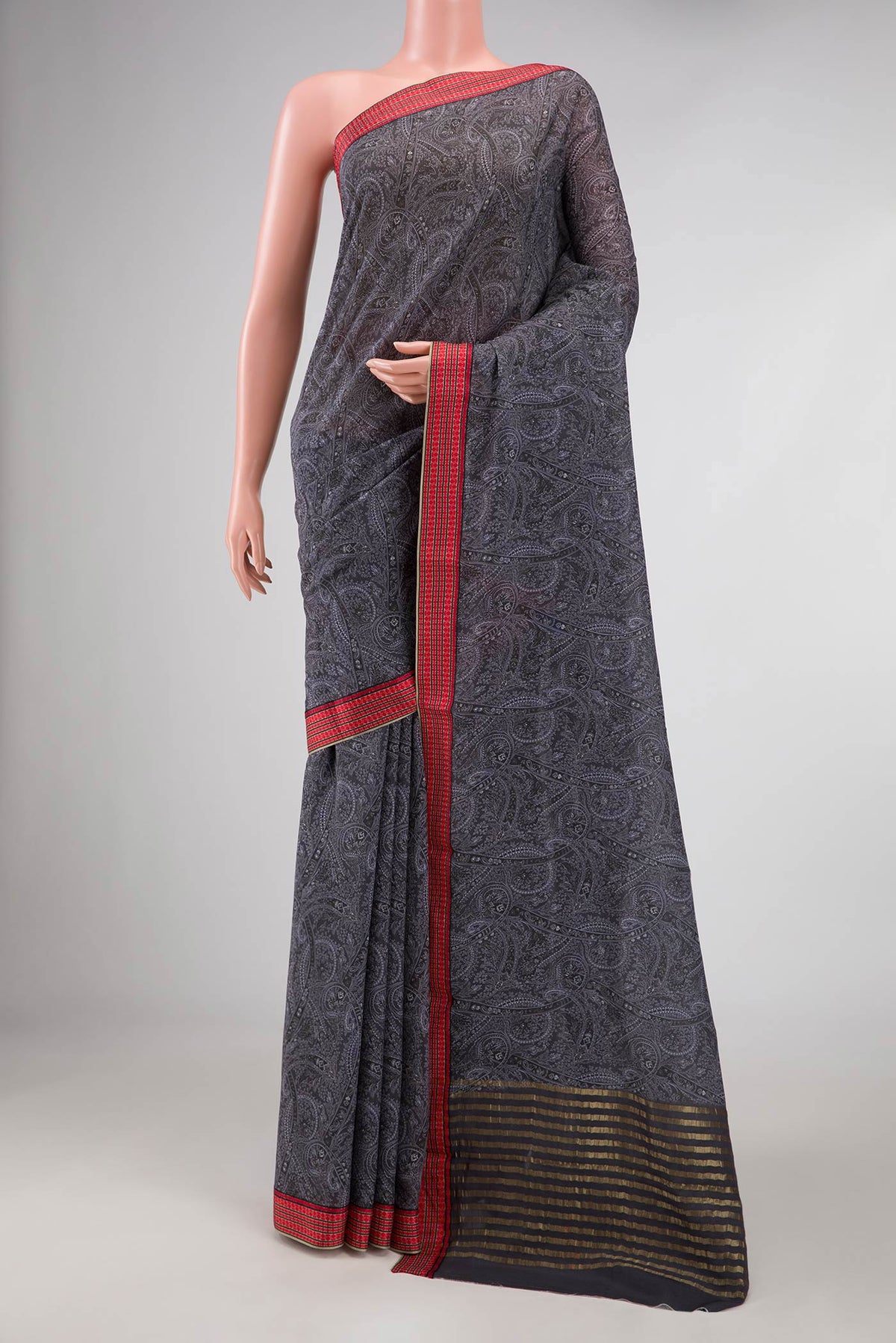 Grey Dual Tone Mysore Crepe Saree with Printed design on the body and Thread Border displayed on a mannequin