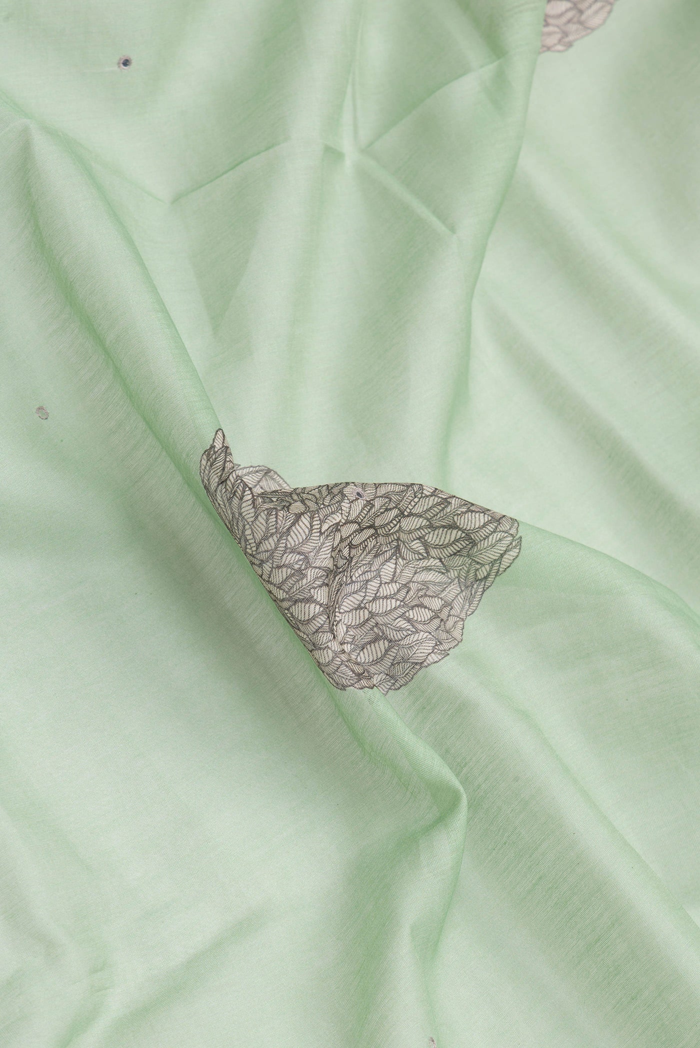 Close up of Pista Green Dual Tone Chanderi Silk Saree with Printed design on the body and Printed Border.  displaying folds