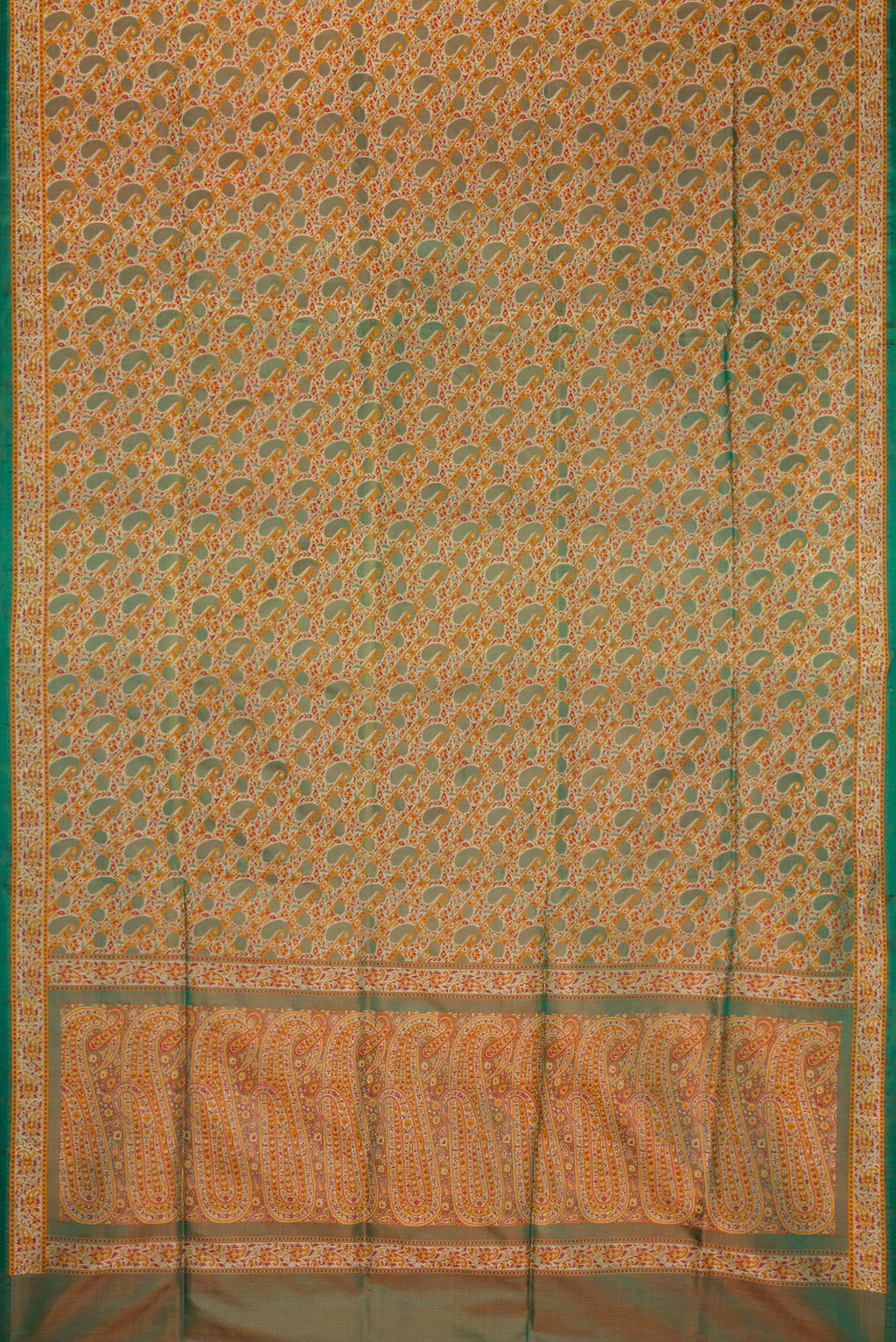 Flat view of Green Dual Tone Banarasi Tanchoi Silk Saree with Jacquard design on the body and Fancy Border. 