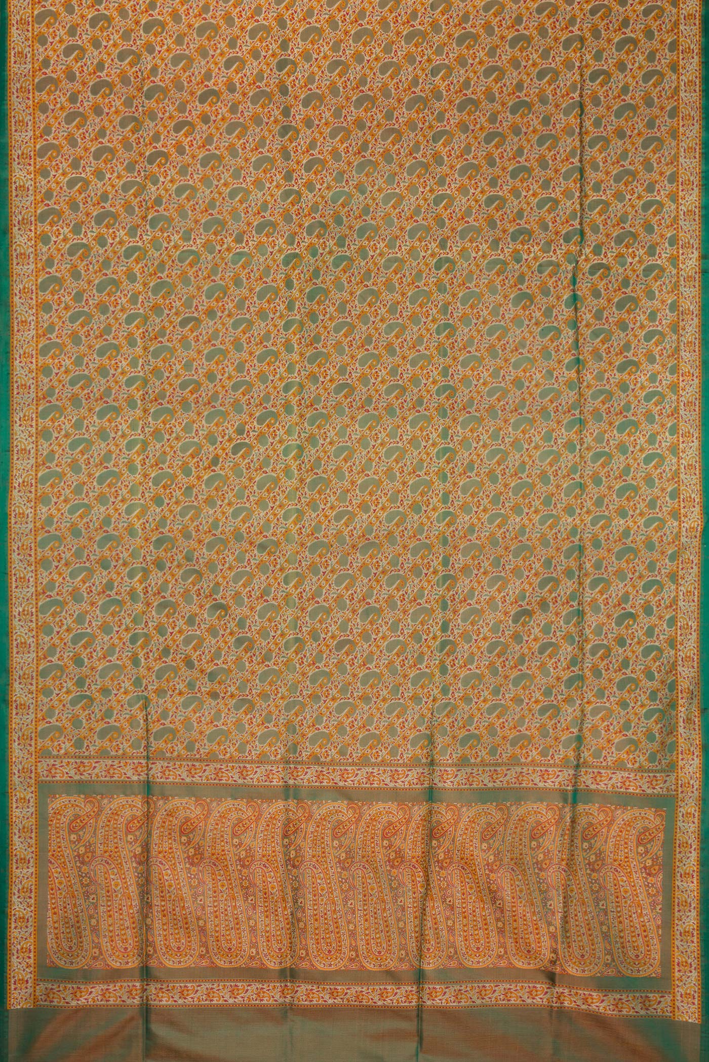 Flat view of Green Dual Tone Banarasi Tanchoi Silk Saree with Jacquard design on the body and Fancy Border. 