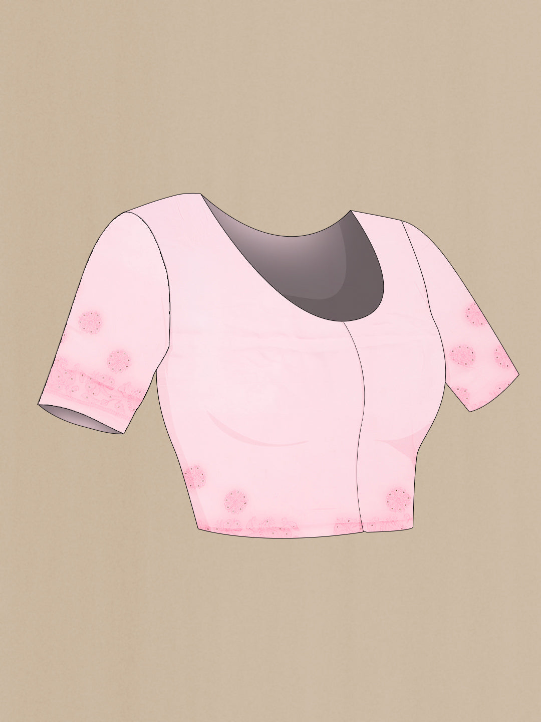 Close up image of the blouse of Rose pink Dual Tone Georgette Saree with Embroidery on the body and Embroidery Border. 