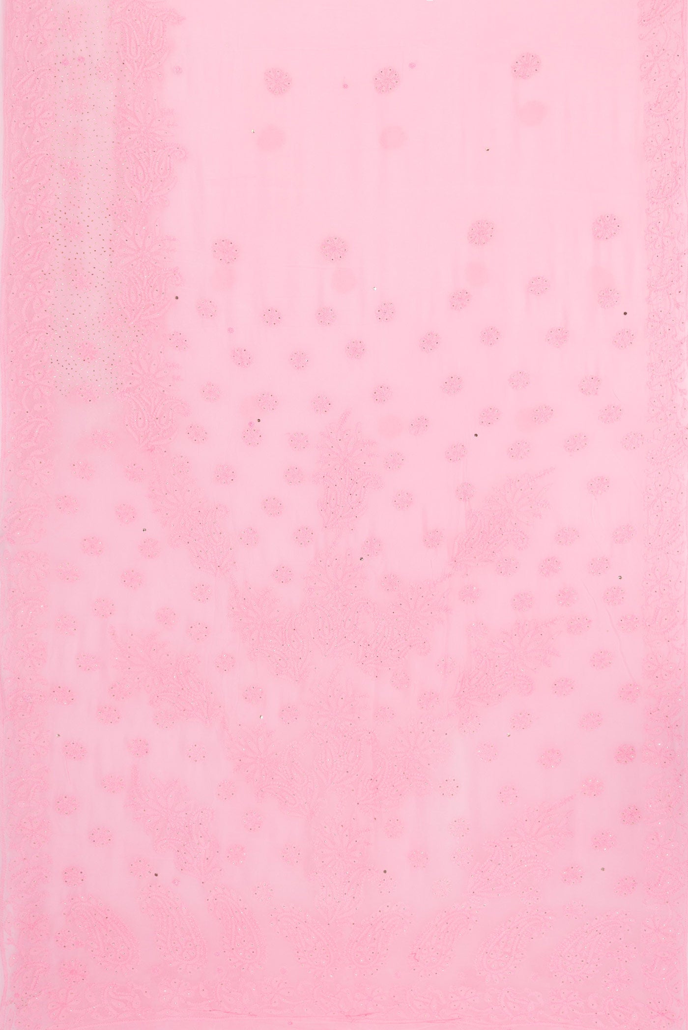 Flat view of Rose pink Dual Tone Georgette Saree with Embroidery on the body and Embroidery Border. 