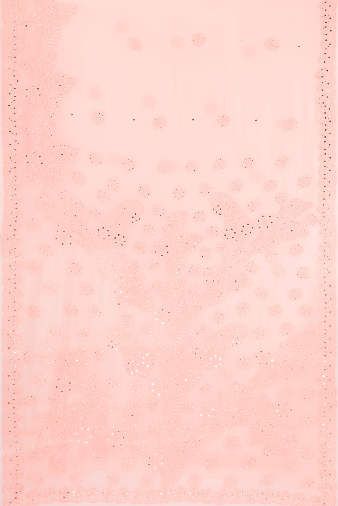 Flat view of Peach Dual Tone Georgette Saree with Embroidery on the body and Embroidery Border. 