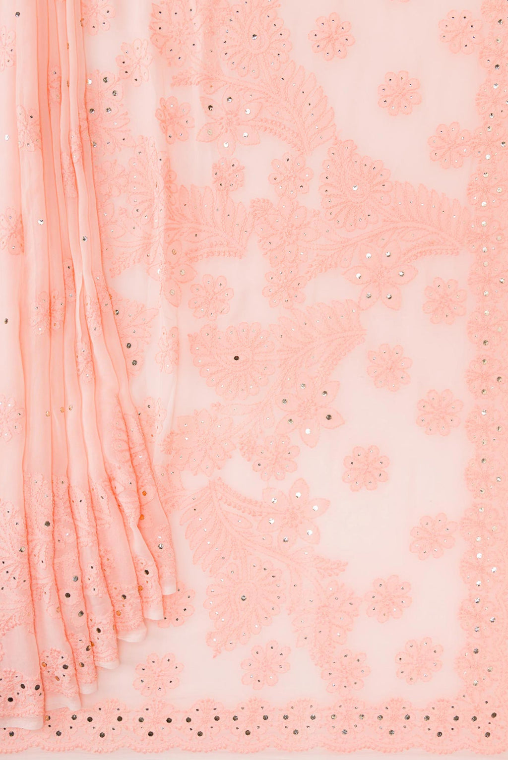 Pleats and pallu of Peach Dual Tone Georgette Saree with Embroidery on the body and Embroidery Border. 