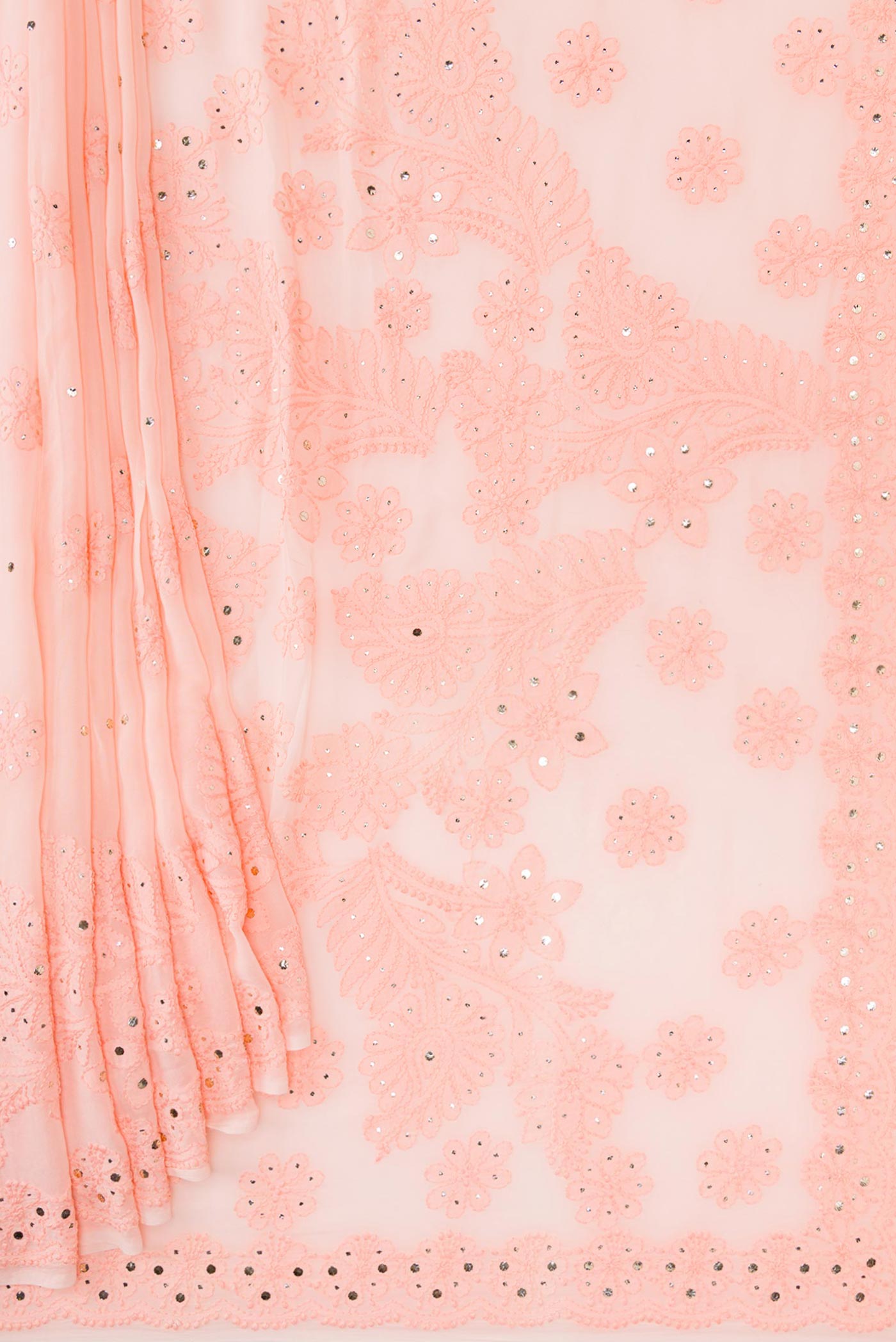 Pleats and pallu of Peach Dual Tone Georgette Saree with Embroidery on the body and Embroidery Border. 