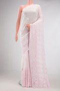 Rose pink Dual Tone Georgette Saree with Embroidery on the body and Embroidery Border.  displayed on a mannequin