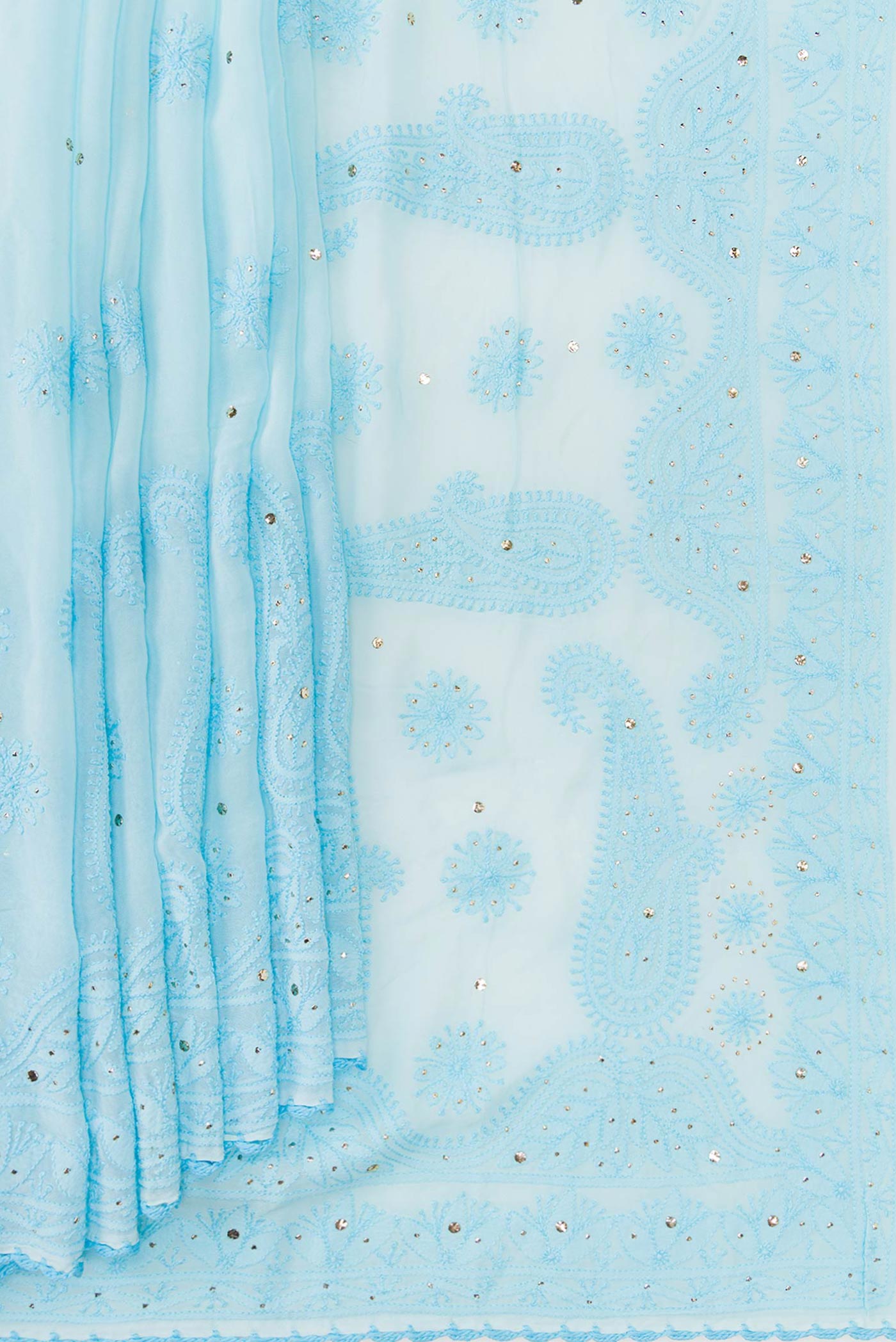 Pleats and pallu of Sky Blue Dual Tone Georgette Saree with Embroidery on the body and Embroidery Border. 